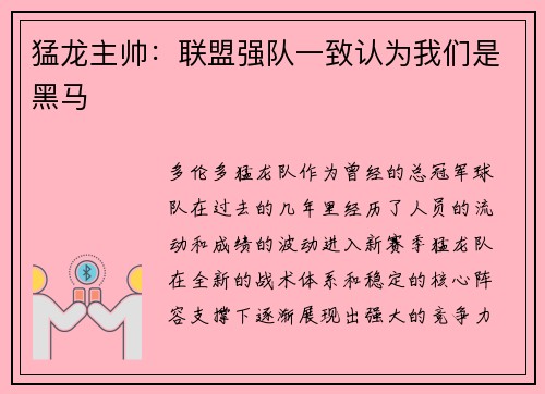 猛龙主帅：联盟强队一致认为我们是黑马
